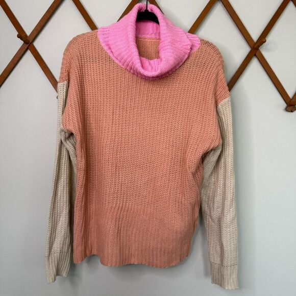 Boutique Pink Tan Colorblock Lightweight Sweater Cowl‎ Neck Size L Knitted - Picture 2 of 6